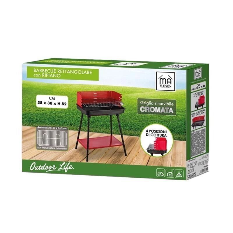 MAURY'S SET BARBECUE RETTANGOLARE CON RIPIANO 58X38X82H CM + VENTAGLIO ASSORTITO DA 32 CM + GRILL SET 3 UTENSILI 43 CM