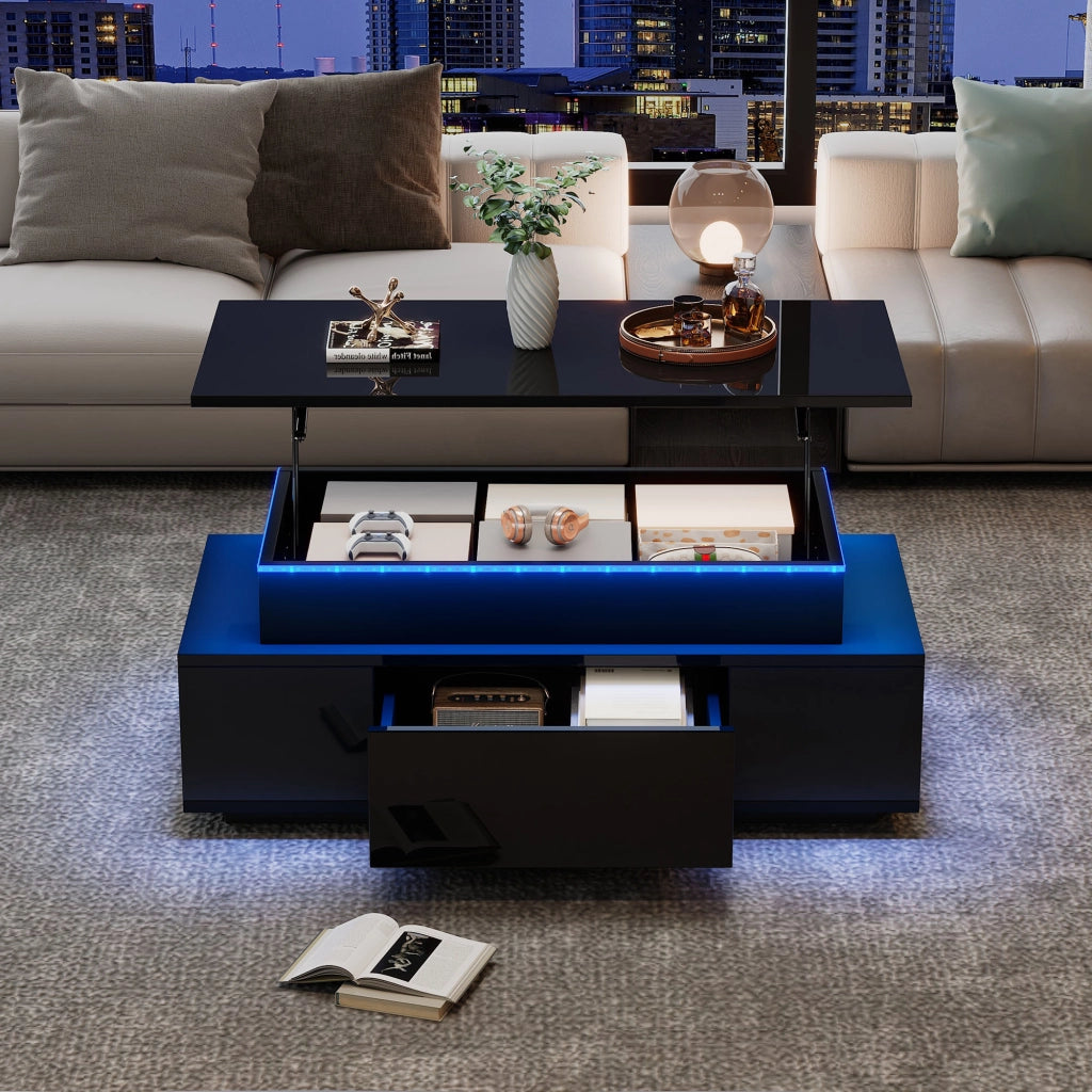 Tavolino Da Caffè Sollevabile con 1 Cassetto e Vano Nascosto; LED; Nero Lucido; in Pannello Truciolare; 96×45×40 cm