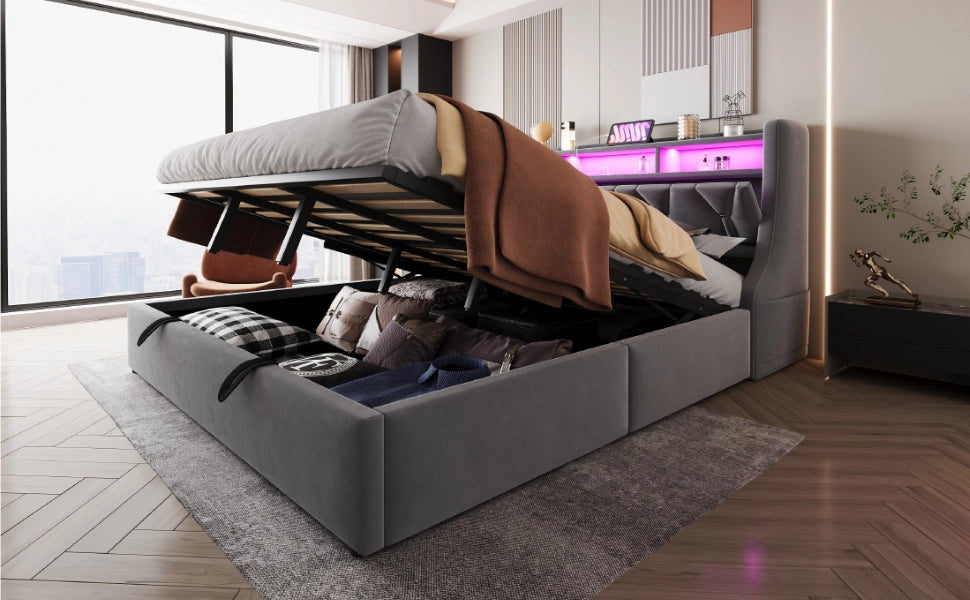 Letto contenitore 180 × 200 cm con testiera ribaltabile, prese USB e Type-C, LED, senza materasso, grigio