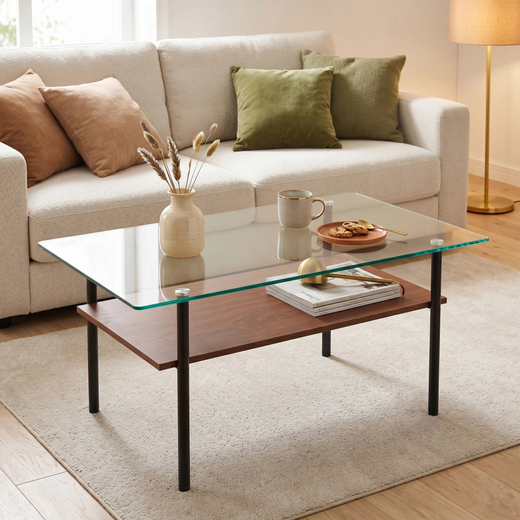 Tavolino da caffè 98x58x45 cm con piano in vetro temperato; ripiano in MDF e struttura in metallo; nero marrone