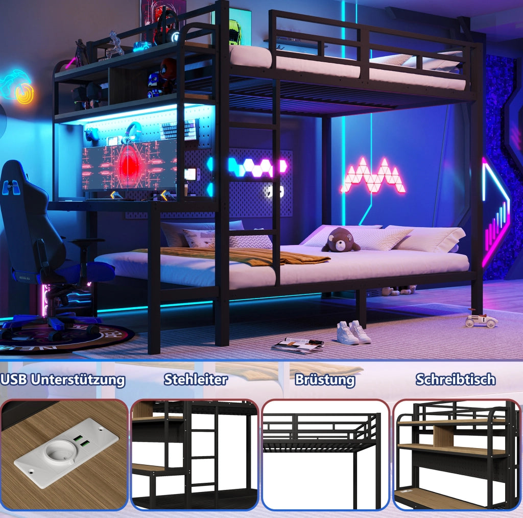 Letto a castello 140x200 cm con struttura in ferro, scrivania, luce LED e porta USB, nero