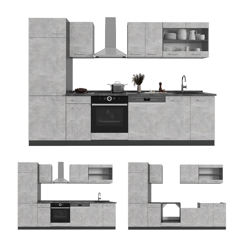Cucina componibile R-Line Calcestruzzo/Antracite 300 cm senza piano di lavoro Vicco