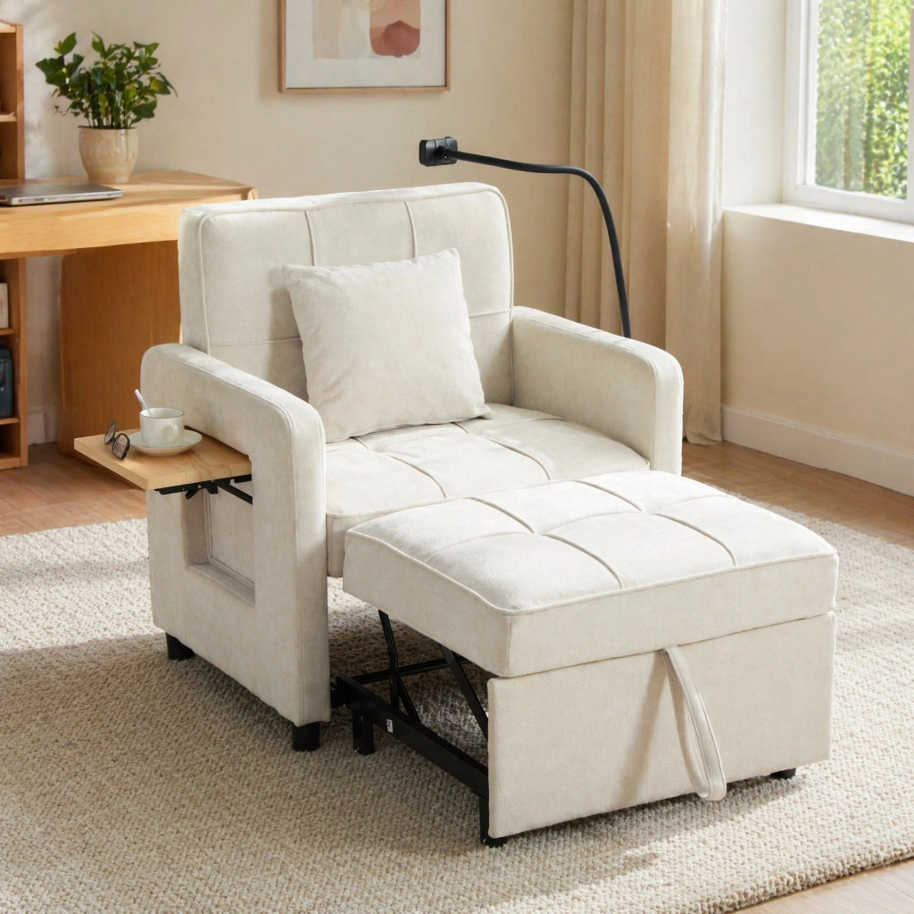 Poltrona convertibile 1 posto con spazio contenitore, vassoio e supporto telefono, Chenille Beige 167 × 79 × 83 cm