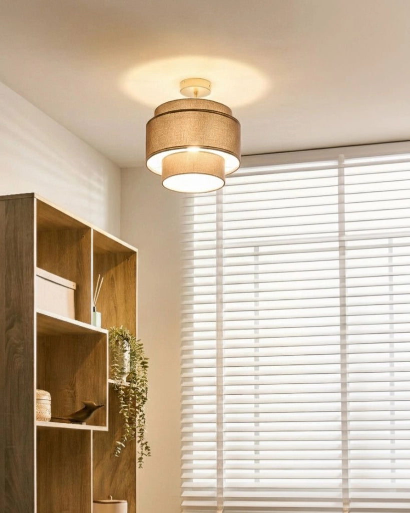 Lampadario con base in metallo marrone e paralume in tessuto a più livelli, stile moderno, per soggiorno e sala da pranzo