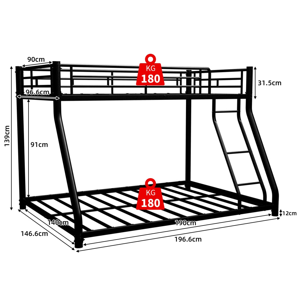 Letto a castello 90 × 190 cm et 140 × 190 cm con scala, parapetti alti, senza materasso, in metallo nero