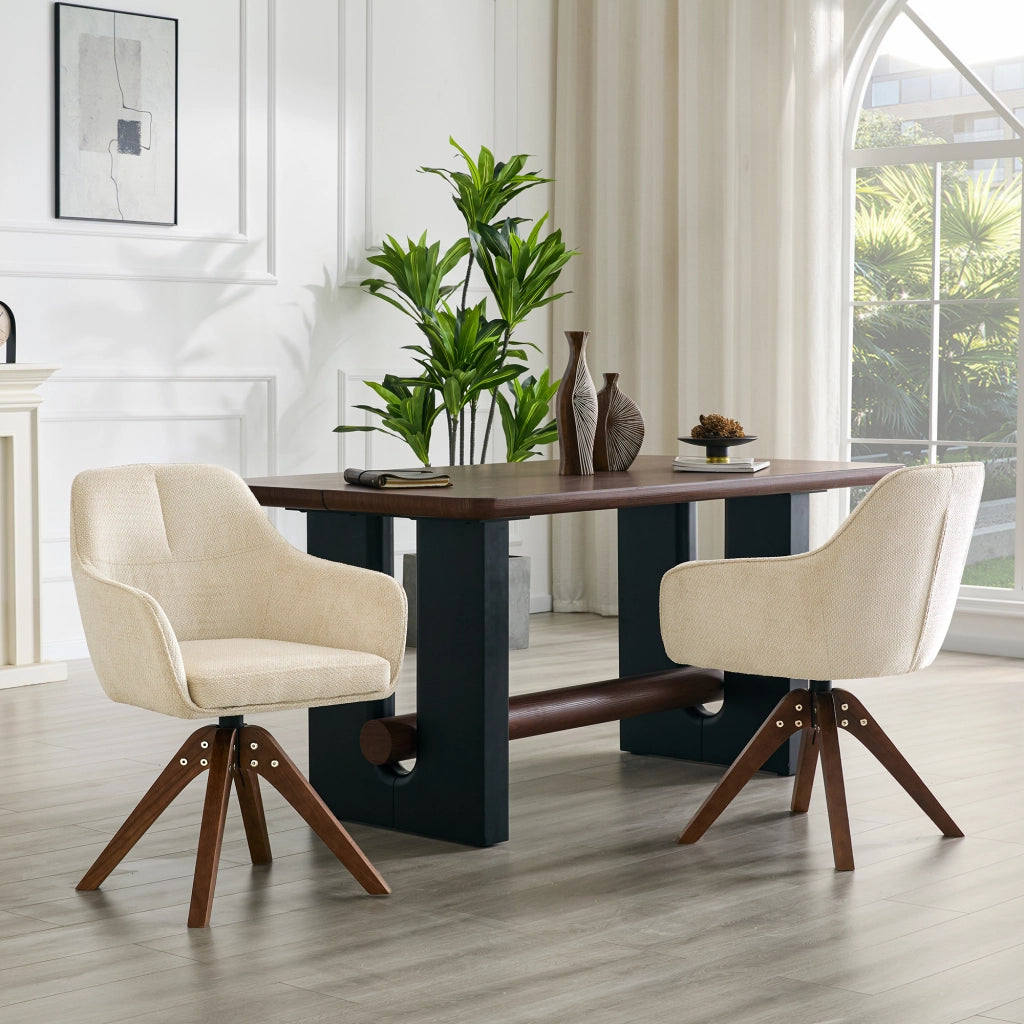 Sedia da sala da pranzo girevole 360° set da 2 con braccioli e schienale ergonomico in tessuto bianco e legno noce