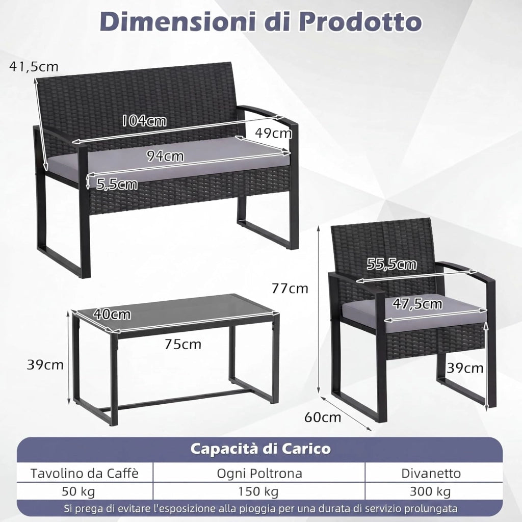 Set di Salotto da Esterno in Rattan PE, Mobili da Giardino con Divano 2 Posti, 2 Poltrone, Tavolino in Vetro Temperato e Cuscini Morbidi, Set Salottino per Terrazza, Balcone, Piscina (Grigio)