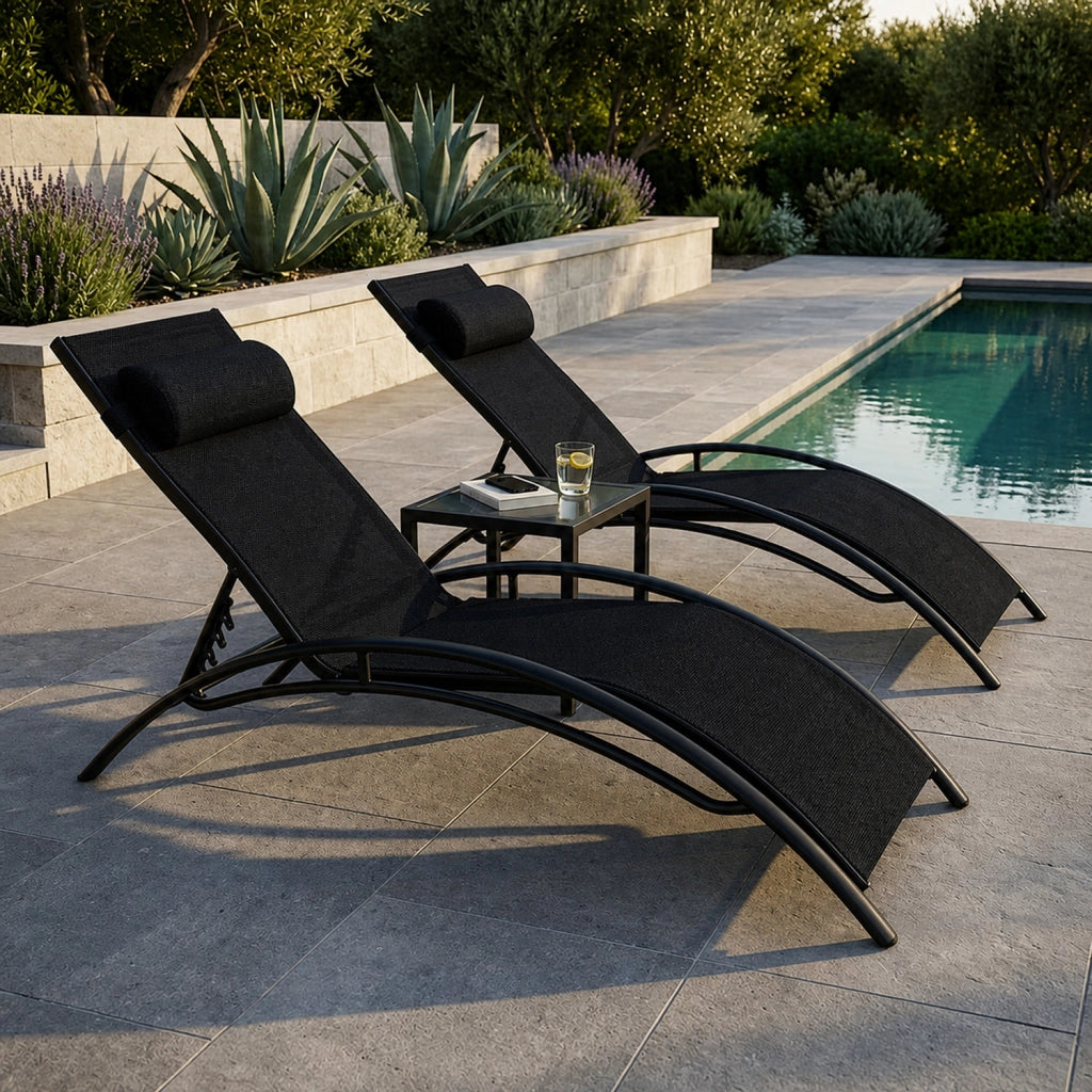 Set 2 Lettini Prendisole Reclinabili Per Giardino Con Schienale Regolabile 5 Posizioni Tessuto Traspirante Per Piscina Terrazza Outdoor 59 x 158 x 81.5 Cm Nero