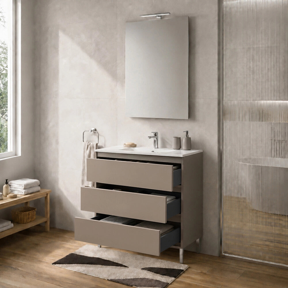 Mobile bagno a terra 80 cm tortora tre cassetti push-pull con lavabo Tierra