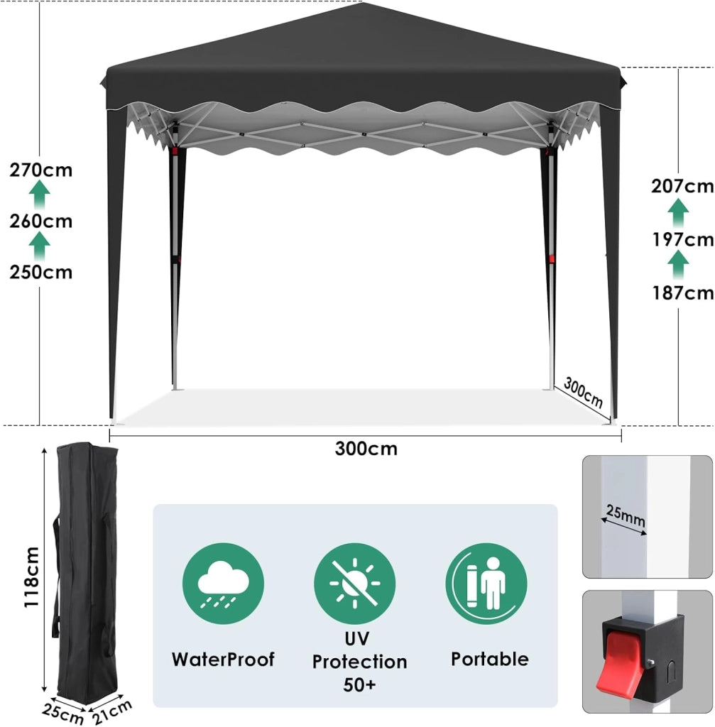Gazebo 3x3, Gazebi Pieghevole Con Oxford 420D, Tenda Giardino Impermeabile, Per Feste, Con 4 Pareti Laterali, Padiglione Protezione UV 50+, Per Il Campeggio (Nero)
