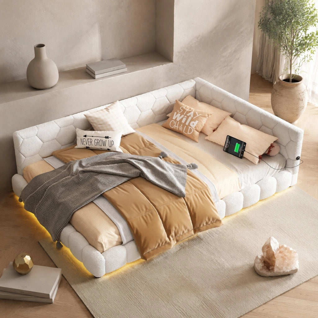 Divano letto 140x200 cm con LED, USB e Type-C bianco