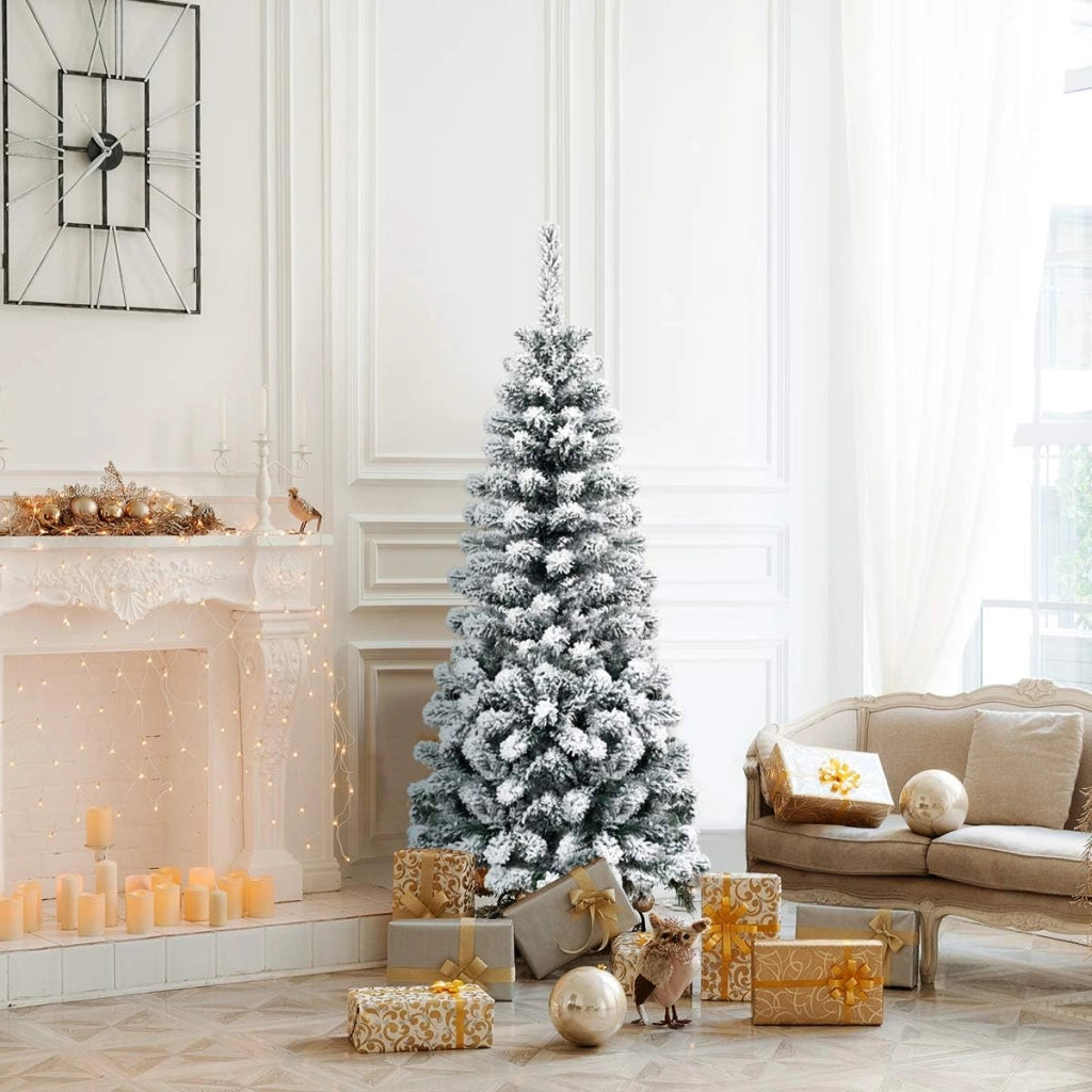 Albero di Natale Innevato 140 cm, Albero di Natale Artificiale Slim con 242 Rami Realistici e Folti e Base Pieghevole di Metallo, Apertura a Ombrello (140 cm)