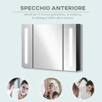 kleankin Armadietto con Specchio da Bagno a Parete in MDF con 3 Armadietti, 3 Ripiani e Luce LED, 90x15x65 cm, Nero