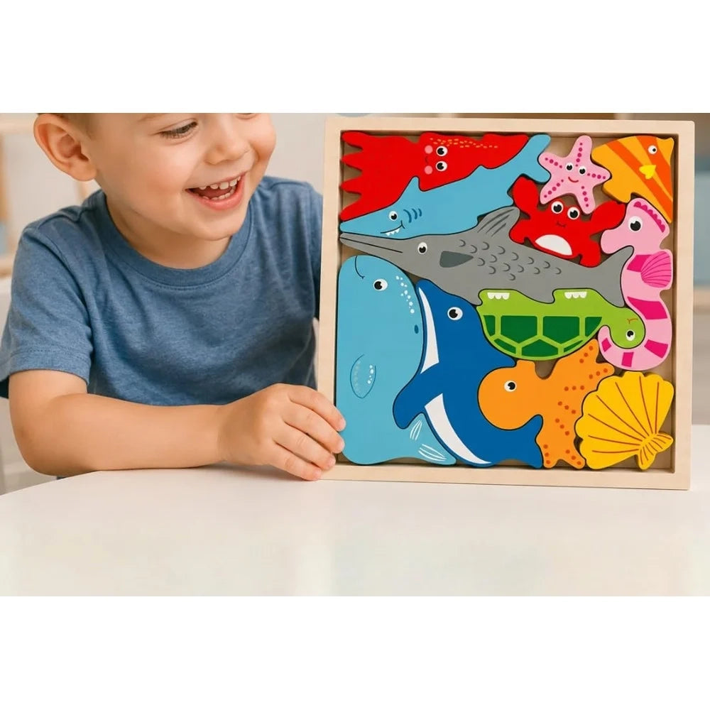 Trade Shop - Puzzle 3d A Incastro In Legno Forma Animali Marini Per Bambini Gioco Educativo 07936 -