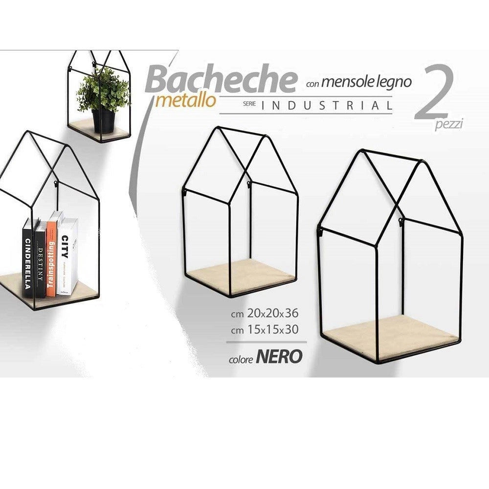 Trade Shop - Set 2 Pz Mensole Parete Casa Mensola Legno Bacheca Metallo Nero H36/30 Cm 751714 -