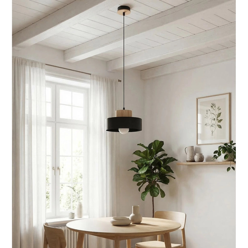 Lampada a sospensione KIVI in acciaio nero e legno