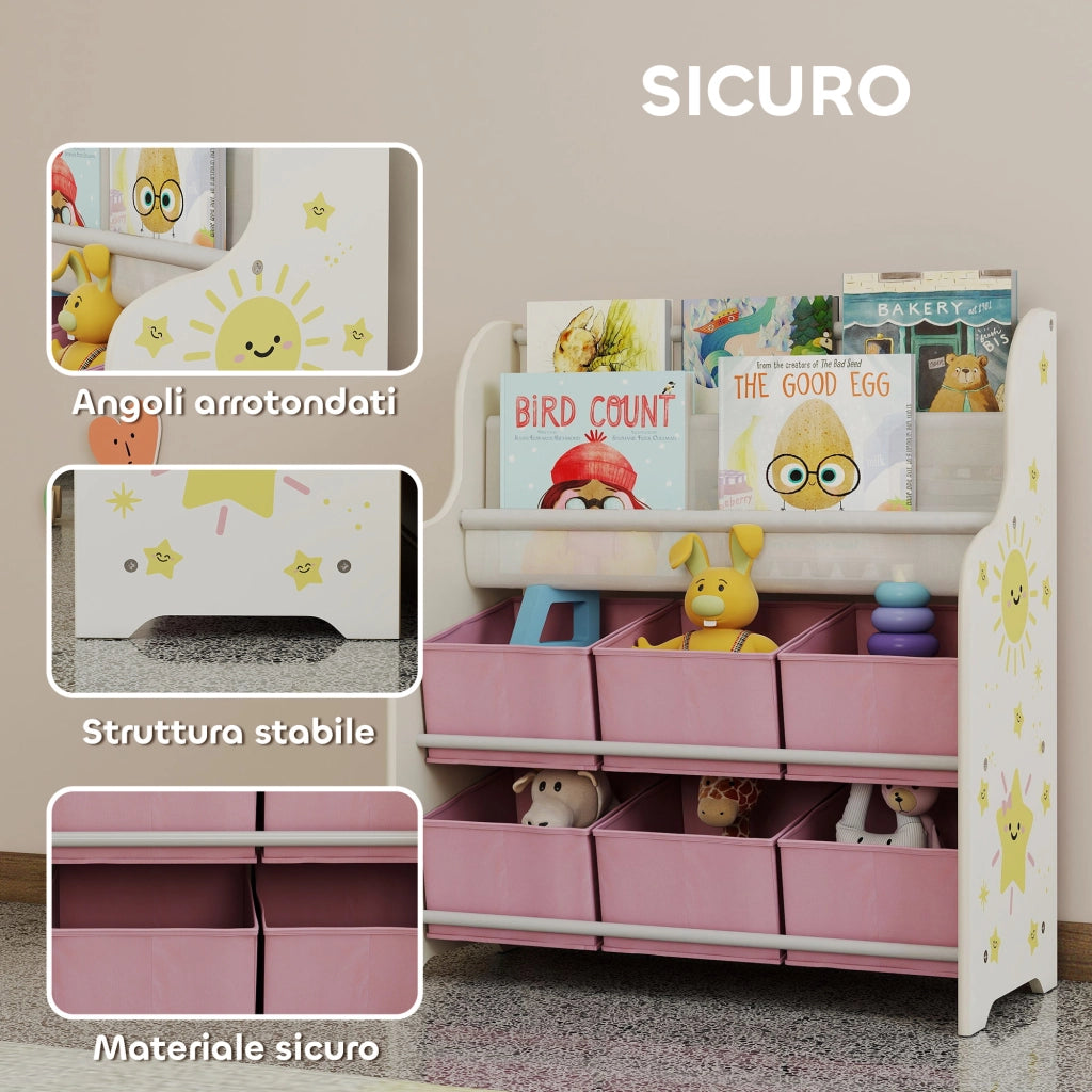 Scaffale Portagiochi per Bambini 63x30x71 cm con 6 Cassetti in Tessuto e Libreria a 2 Livelli in Legno e Acciaio Rosa