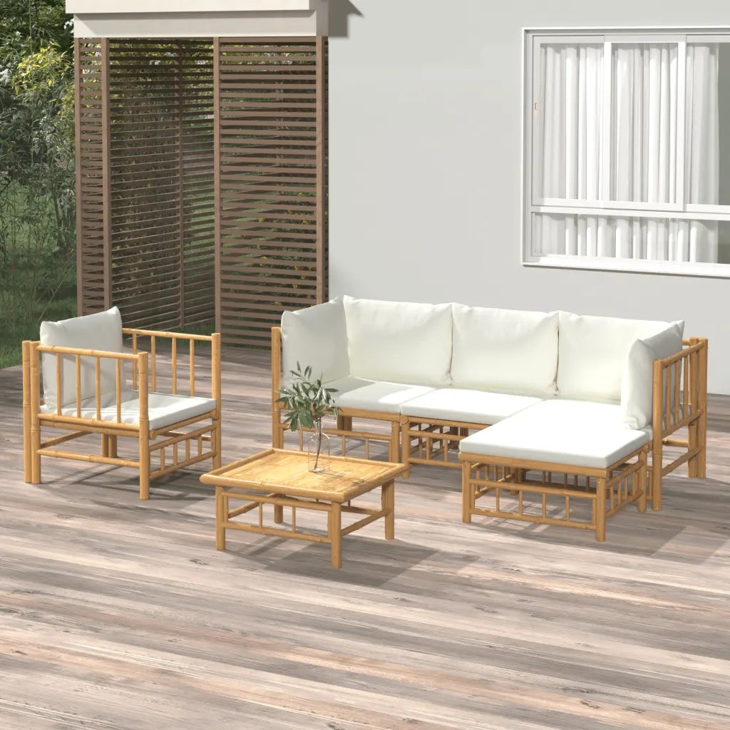 Set Salotto da Giardino 6pz con Cuscini Bianco Crema in Bambù 3155179