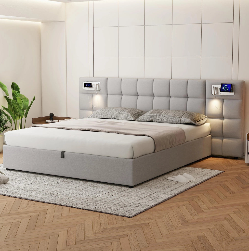 Letto imbottito grigio 180 x 200 cm con ricarica e contenitore