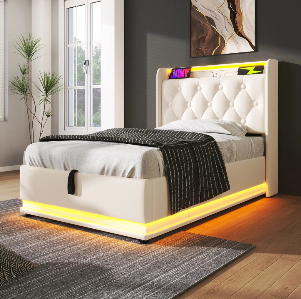 Letto singolo contenitore 90x200 cm bianco PU con LED e USB-C