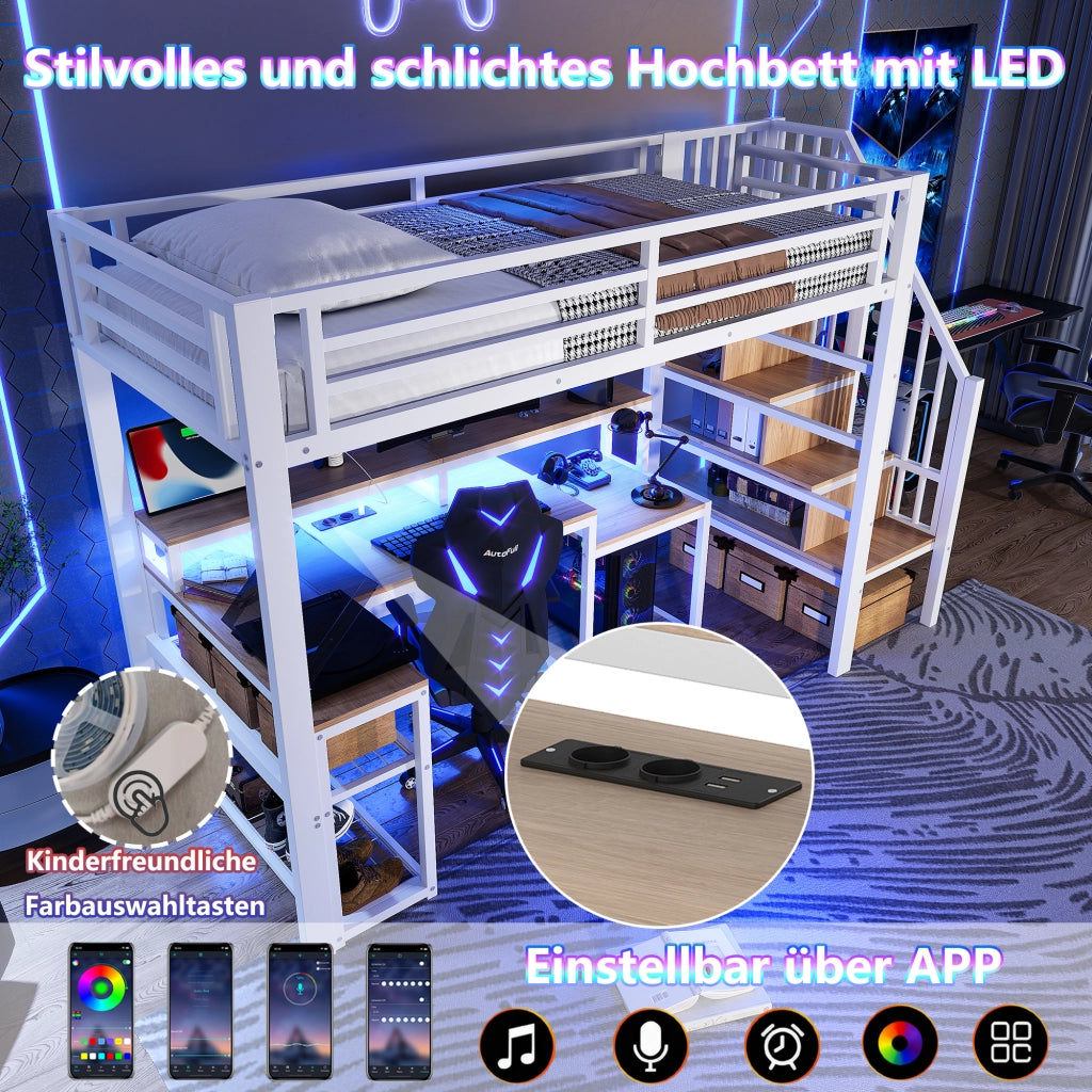 OKWISH Letto a Soppalco 90×200 cm, Letto Singolo con LED Regolabile, USB, Scrivania, Mensole e Scala con Contenitori, senza Materasso, Bianco