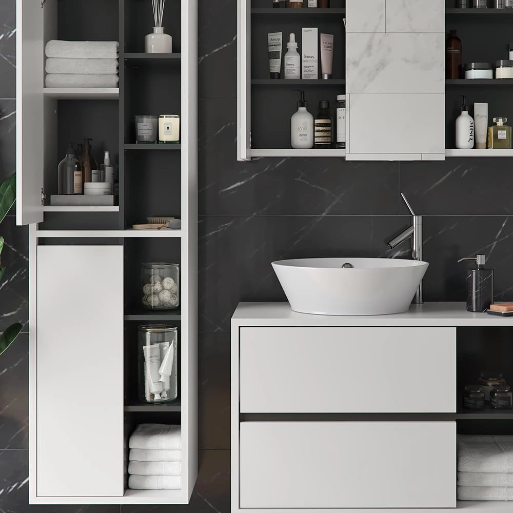 Set mobili bagno Viola, Bianco, 100 cm, composto da mobile sottolavabo, specchiera e colonna alta