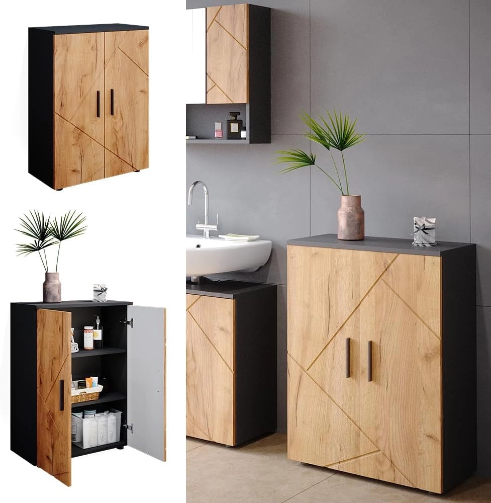 Mobiletto bagno Irma, Antracite/quercia dorata, 60 x 81 cm, per la conservazione in bagno e abbinabile alla serie Irma