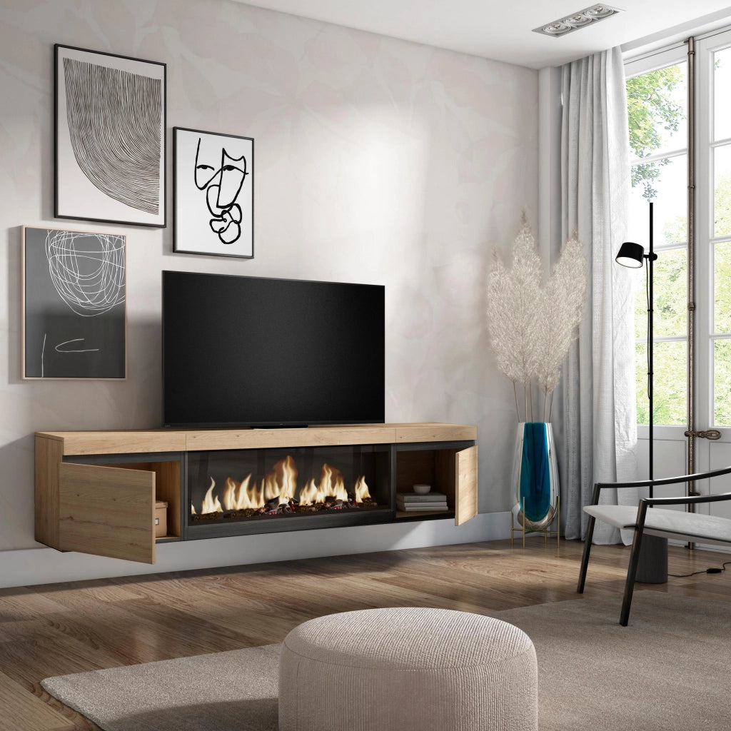 Mobile TV Soggiorno, 208x35x45cm, Per TV fino a 80", Camino elettrico XXL, da appendere, colore Rovere RF3280