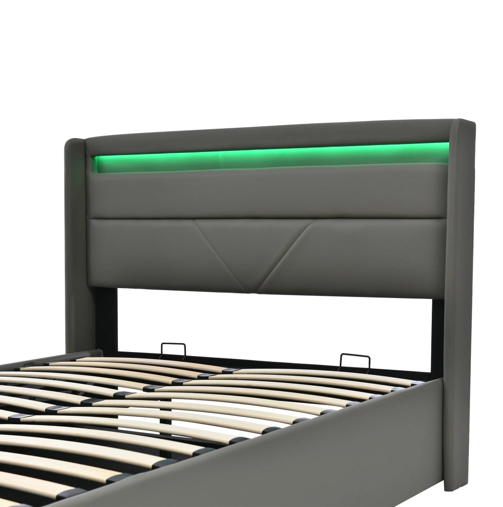 Letto imbottito 140x200 cm con contenitore idraulico, LED e rivestimento in PU grigio