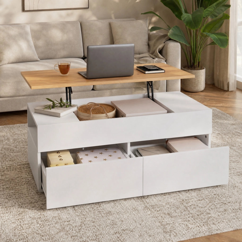 Tavolino da soggiorno sollevabile 100x50x40 cm in truciolare bianco con 2 cassetti