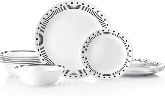Servizio da 18 pezzi City Block in bianco e nero - resistente ai graffi - composto da piatti da tavola, piatti per insalata e piatti per zuppa - design moderno - alta qualità