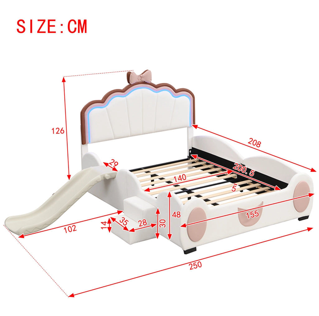 Letto bambino 140x200 cm a forma di farfalla con LED cambiacolore; PU rosa bianco