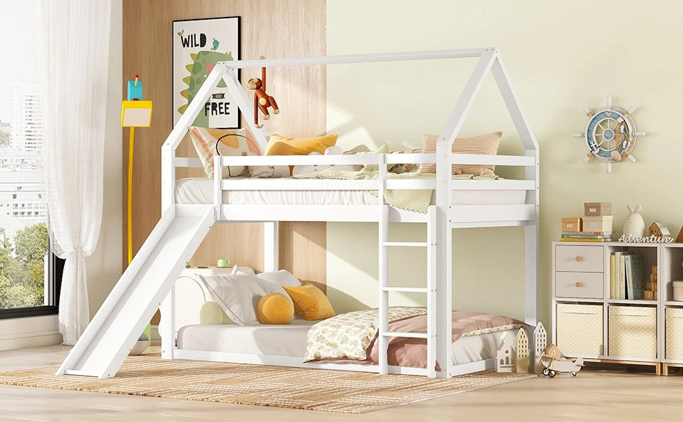 DESMIU Letto a castello bambino 90 × 200 cm con scivolo e scala, senza materasso, in legno, bianco