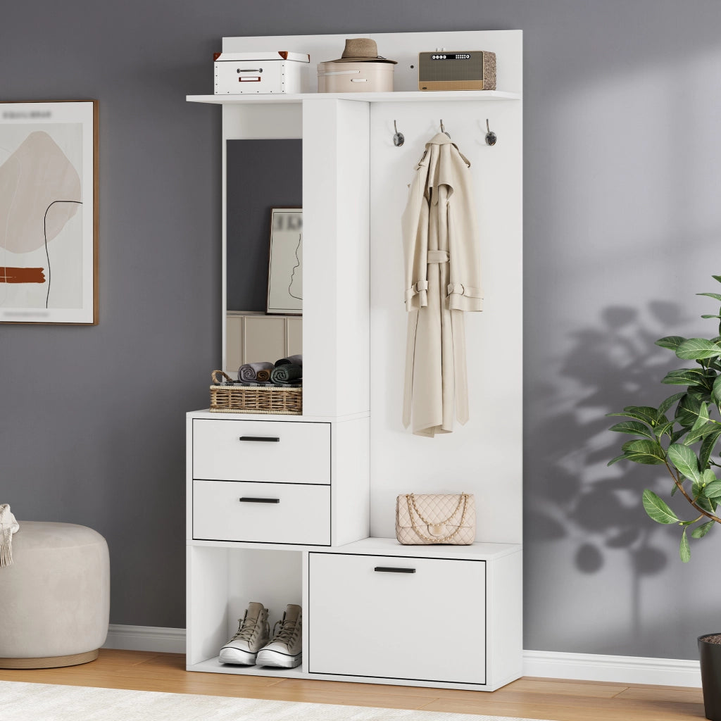 Mobile Ingresso con Specchio e Scarpiera a Ribalta 90x30x180 cm Bianco MDF