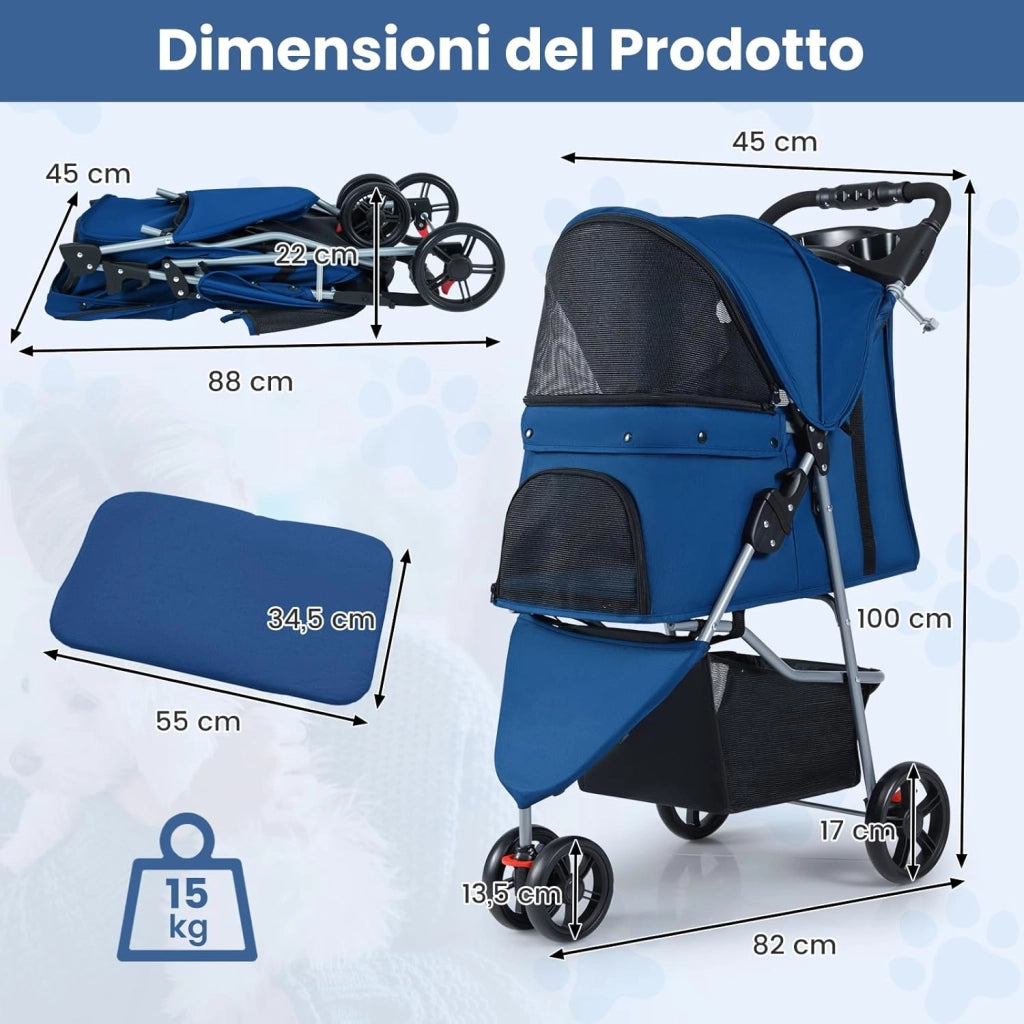 2 in 1 Passeggino per Cani, Carrozzina per Cani Pieghevole Facile con Portata Massima di 15 kg, 4 Ruote, Tetto Regolabile, Cuscino Rimovibile e Cestino Portaoggetti (Blu)