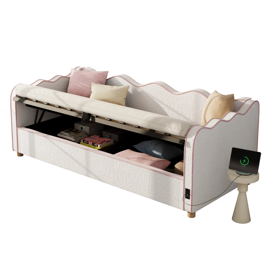 Letto 90x200 cm con contenitore idraulico; USB C; bouclé beige