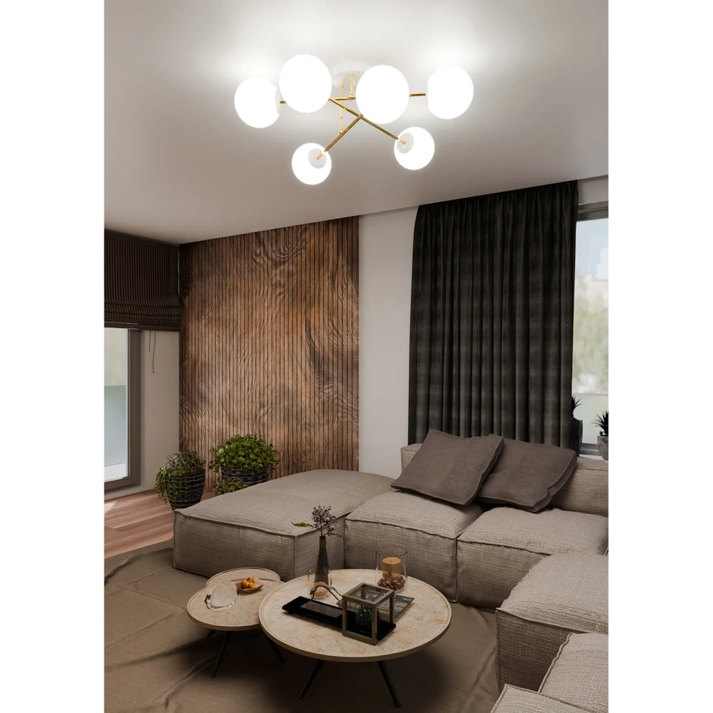 Plafoniera Moderna Magnium 6 Luci In Acciao Oro E Sfere In Vetro Bianco