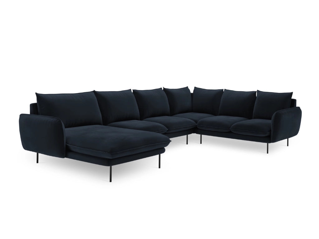 Cosmopolitan Design - Divano panoramico destro "Vienna" 7 posti in velluto blu scuro 