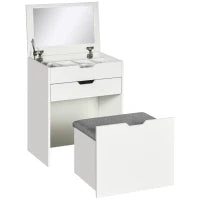 Toeletta da Camera con Specchiera, Cassetto e Sgabello Abbinato in Legno, Bianco
