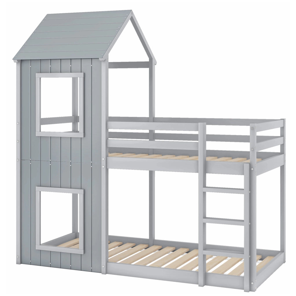 Letto a castello funzionale in pino grigio 90x200 cm