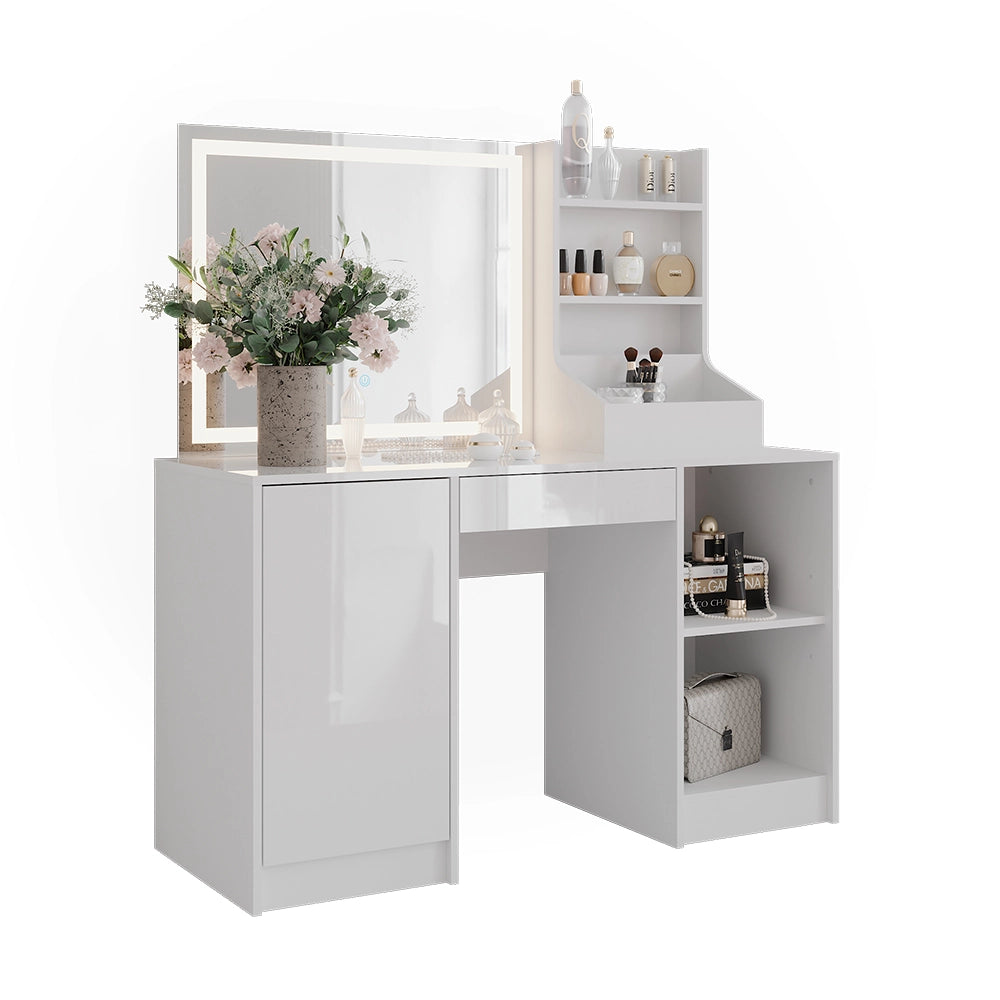 Vicco Tavolo da toeletta Bianco/bianco lucido 128.2 cm con specchio LED