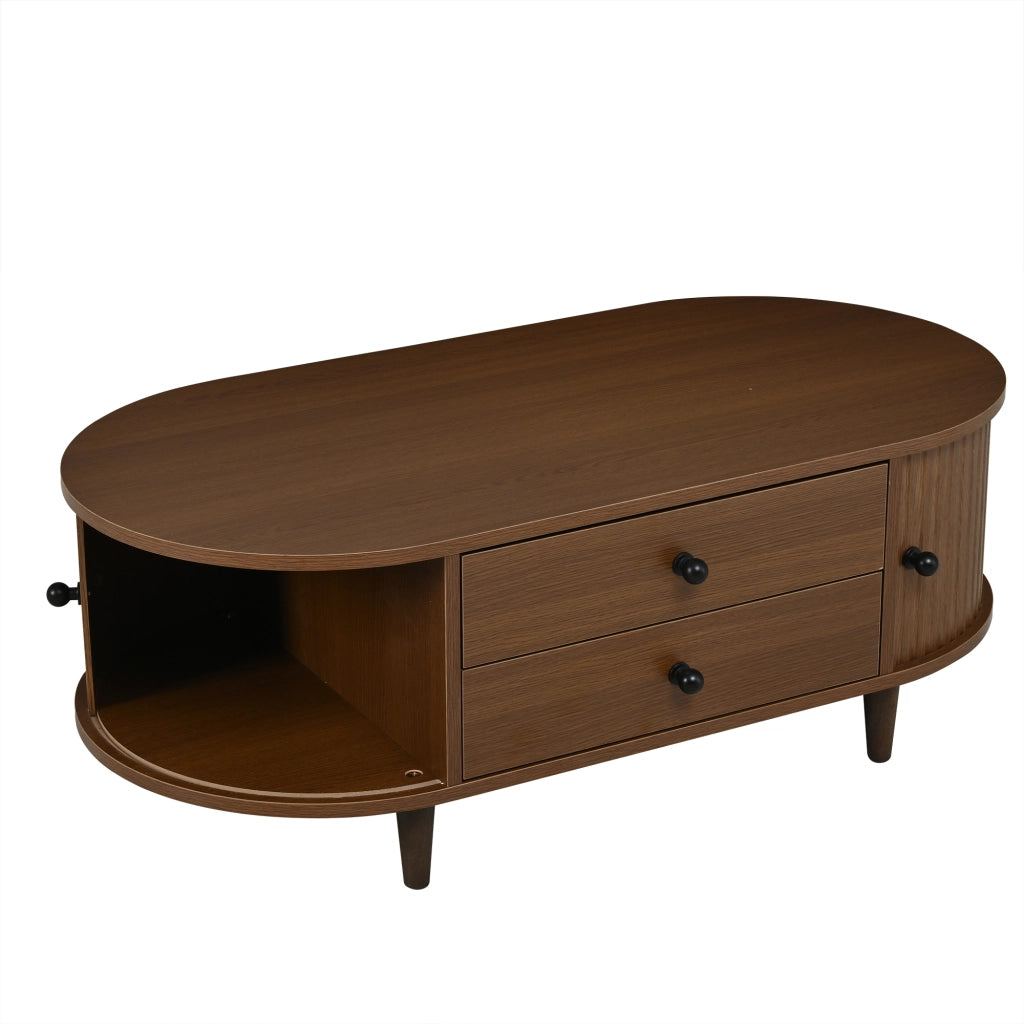 Tavolino da salotto in MDF colore noce con ante avvolgibili, 2 cassetti e gambe in legno massello 100x50x36 cm