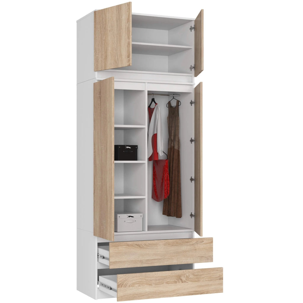 Armadio AKORD S90 con sopralzo Bianca 90 cm 2 ante 2 cassetti inserto frontale Sonoma Quercia 90x51x234 cm