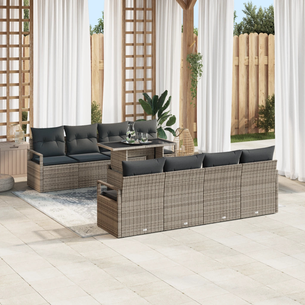 Set Divano da Giardino  9 Pezzi con Cuscini Grigio Polyrattan