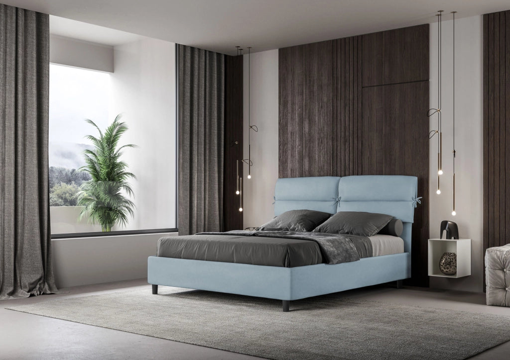 BS COM Letto matrimoniale con rete imbottito 160x190 microfibra azzurro