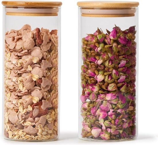 Set di 4 contenitori di conservazione in vetro di borosilicato trasparente con coperchi in bambù naturale ermetici - 900 ml