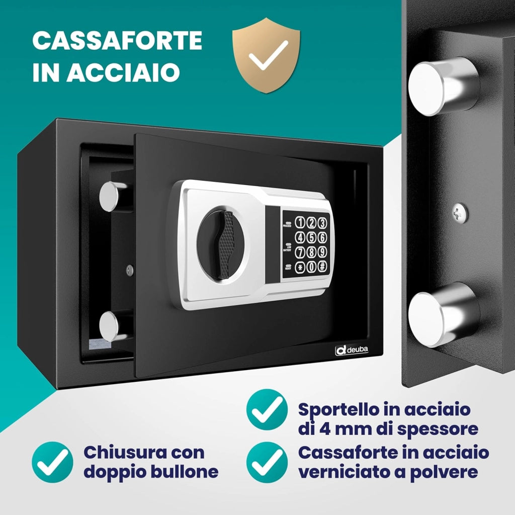 Cassaforte Elettronica con Combinazione 31x20x20cm LED Doppio Bullone in Acciaio Cassetta Sicurezza Nera
