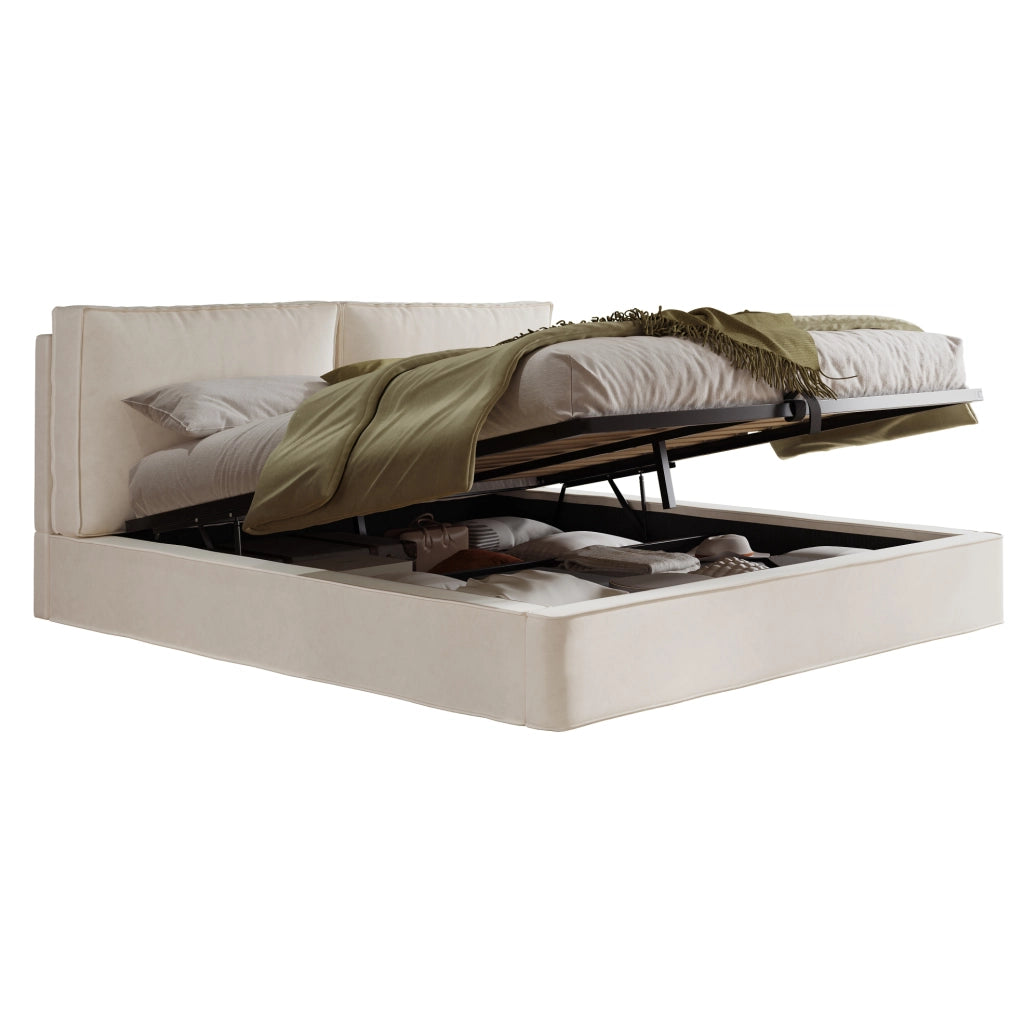 Letto matrimoniale imbottito 180x200 cm con contenitore idraulico; velluto beige; rete inclusa