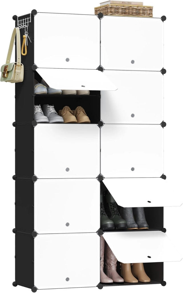 Scarpiera da Ingresso, Porta Scarpe con 10 Scomparti, Scarpiera Modulare per 40 Paia di Scarpe, Contenitore per Scarpe con Porte, in Plastica e Metallo, Bianco + Nero, 35x35x45cm/Scomparto