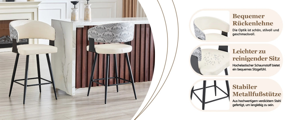 Sgabello da bar con schienale in PU e metallo con seduta ergonomica e poggiapiedi per cucina e isola bianco